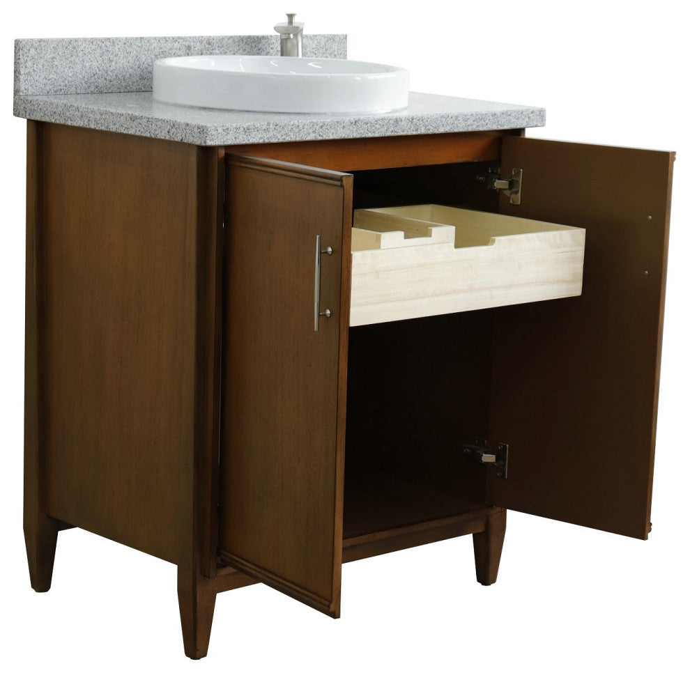31" Single Sink Vanity, Walnut Finish, Gray Granite With Round Sink