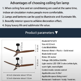 Barbona | Stylish Solid Wood Led Ceiling Fan Lamp With Remote Control, White, 42 Inch