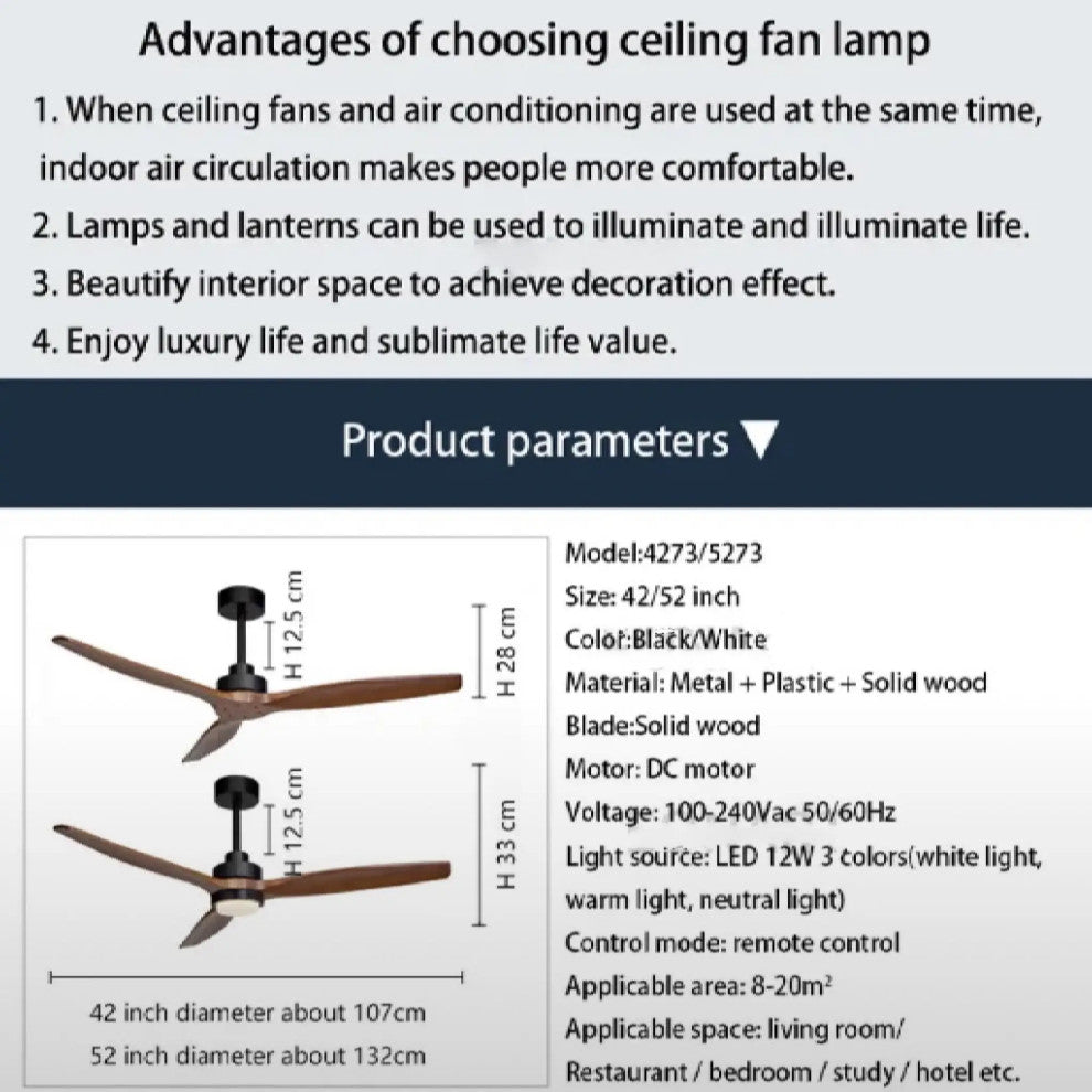 Barbona | Stylish Solid Wood Led Ceiling Fan Lamp With Remote Control, White, 42 Inch