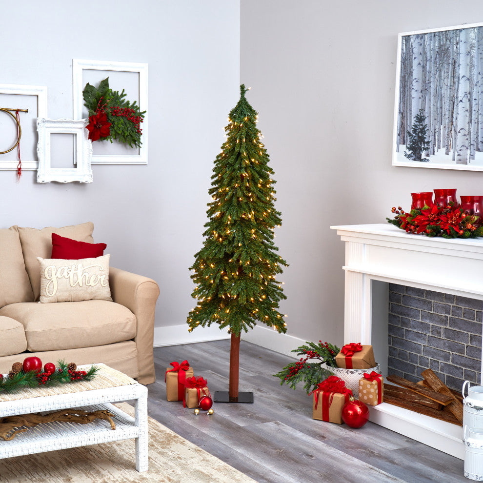 6' Grand Alpine Faux Xmas Tree W/Lights & 601 Bendable Branches W/Natural Trunk