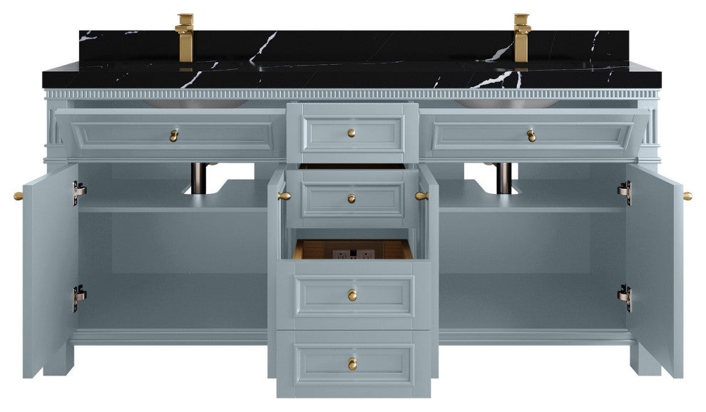 Paris 72" Double Sink Bathroom Vanity, Blue Heather 2" Calacatta Black