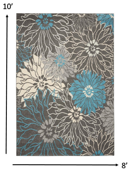 8 x 10 Charcoal and Blue Big Flower Area Rug