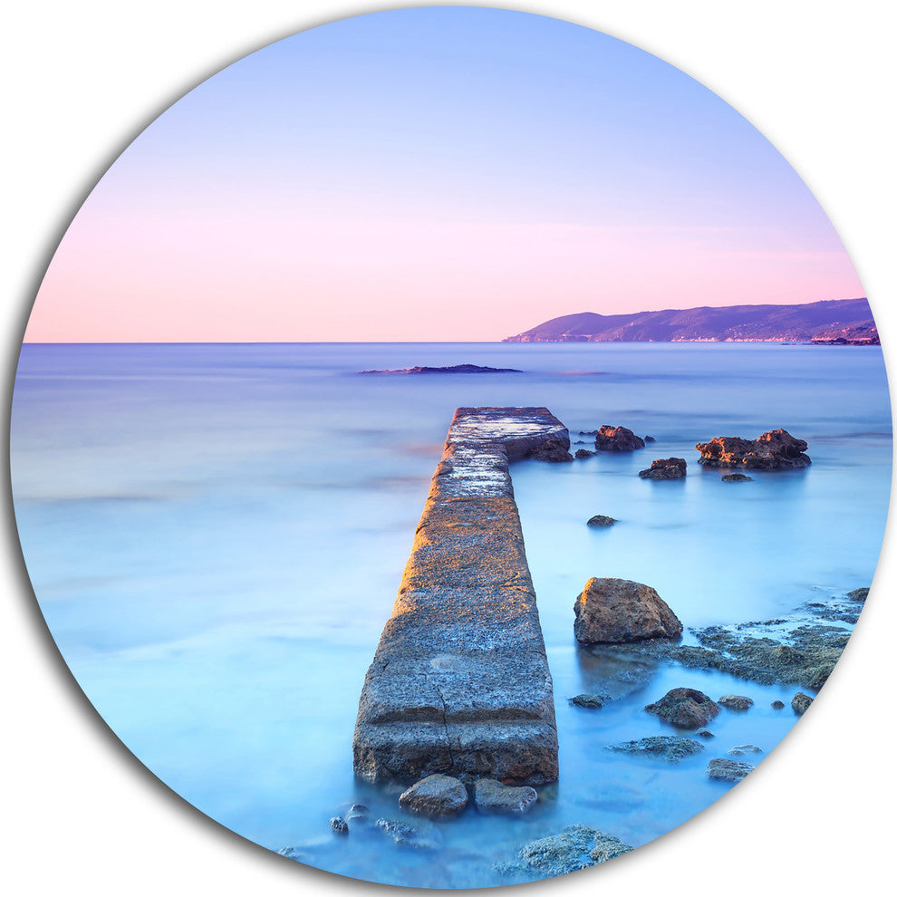Purple Sea And Sky, Seascape Photo Round Metal Wall Art, 11"