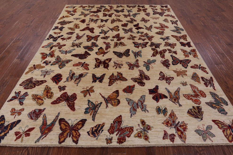 8' 0" X 9' 10" Butterflies Persian Gabbeh Handmade Wool Rug - Q12441