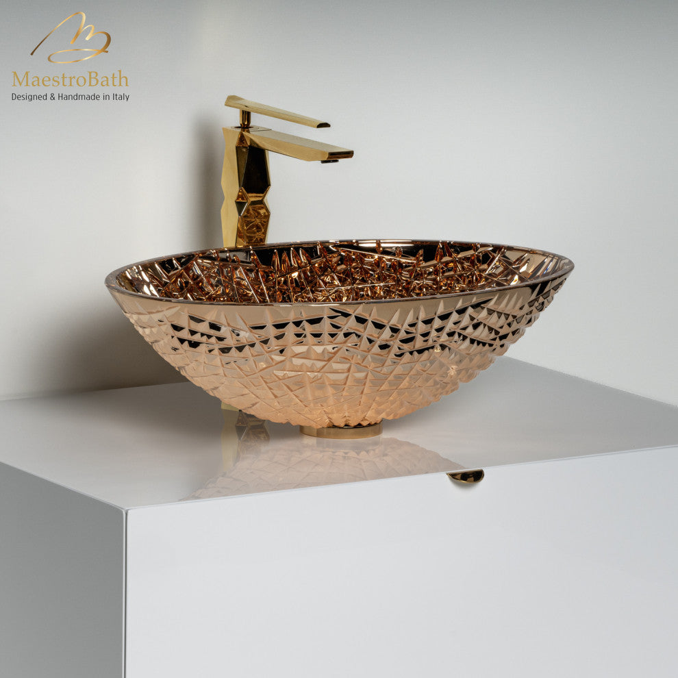 De Medici Luxury Ice Vessel Sink, 24-Karat Crystal Elegance for Opulent Bath, Rose Gold