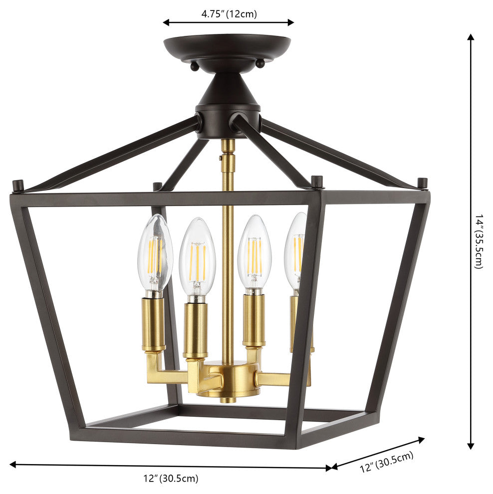 Mini Lantern 12" 4-Light Iron Farmhouse LED Flush Mount, Oil Rubbed Bronze/Gold