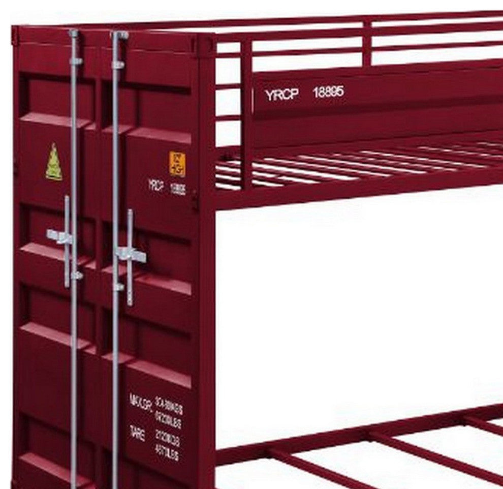Benzara BM261753 Twin Over Twin Bunk Bed With Metal Frame and Cargo Theme, Red