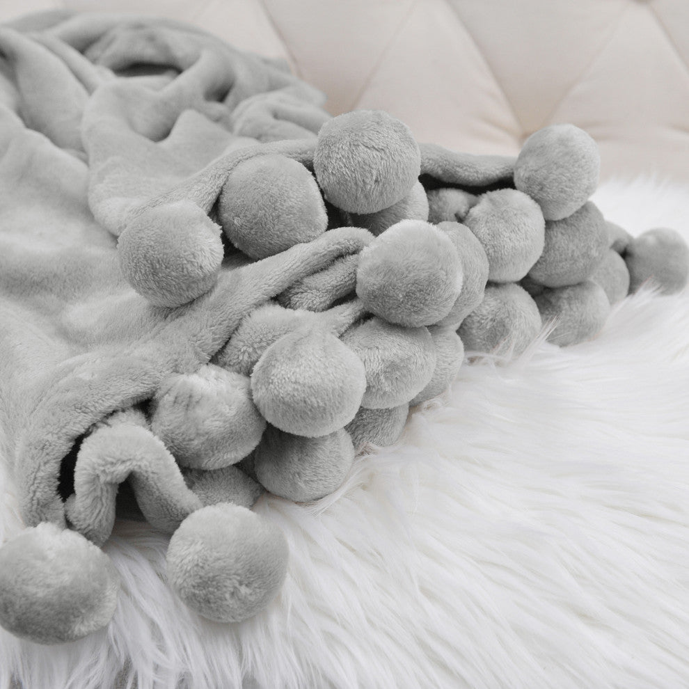 Pom Pom Flannel Fleece Throw Blanket, Silver Grey, 50" X 60"