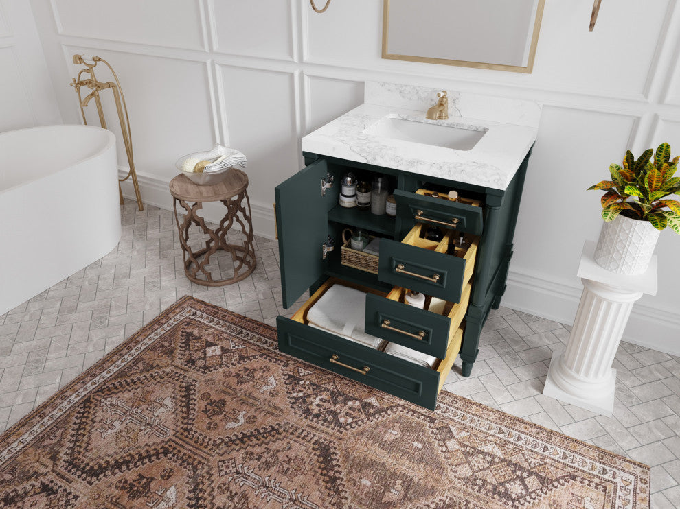 Aberdeen 30 Single Sink Bath Vanity in Dark Forest Green 2" Calacatta Nuvo
