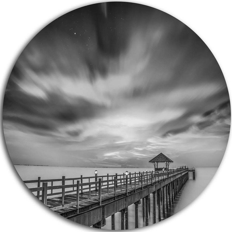 Black And White Wooden Bridge And Sky, Sea Pier Round Wall Art, 11"
