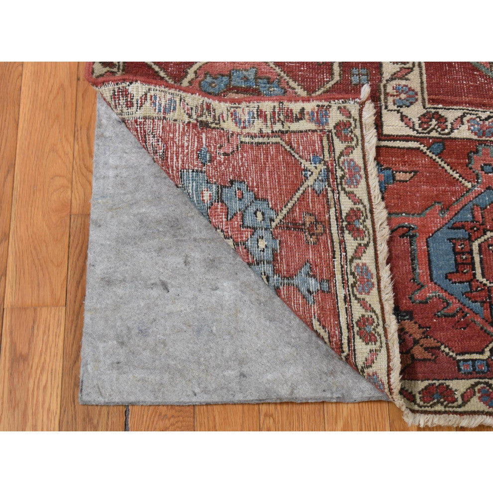 Blush Red Antique Persian Serapi Heriz Hand Knotted Pure Wool Rug, 12'3"x18'6"