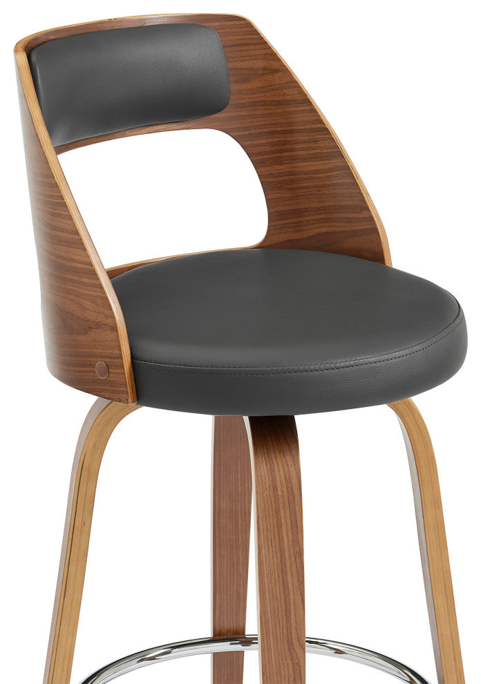 30" Retro Mod Gray Faux Leather and Walnut Swivel Counter Stool