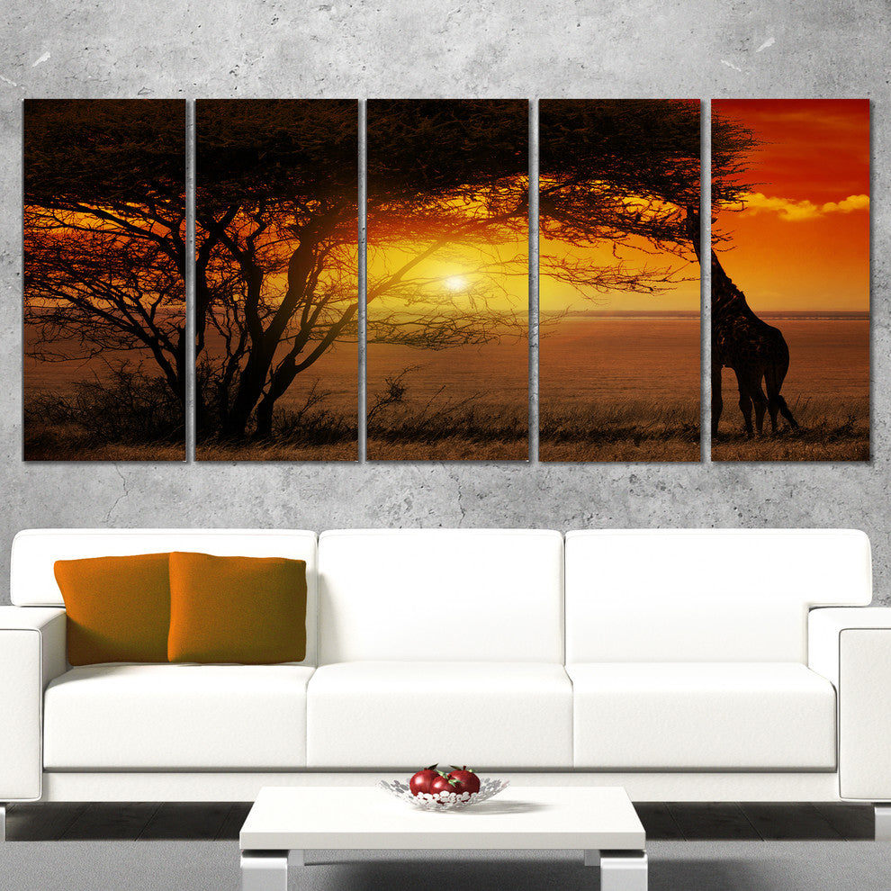 Typical African Sunset with Giraffe, Landscape Canvas Art, 60"x28", 5 Panels