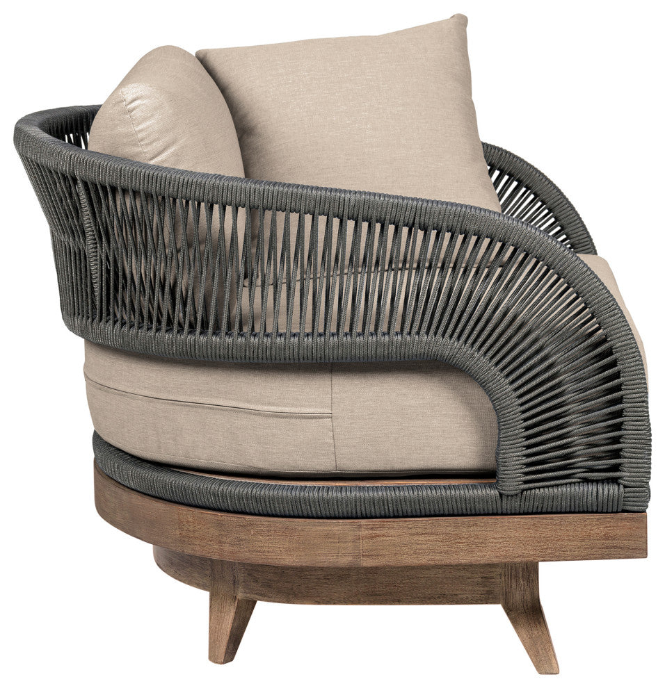 Orbit Swivel Outdoor Patio Chair Wood With Gray Rope/Taupe Olefin Cushions