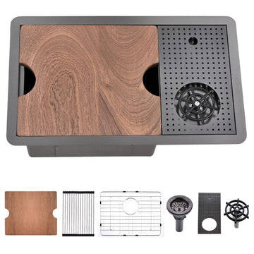 Bronstarz 24 Inch Nano Black Undermount Bar Sink with Glass Rinser