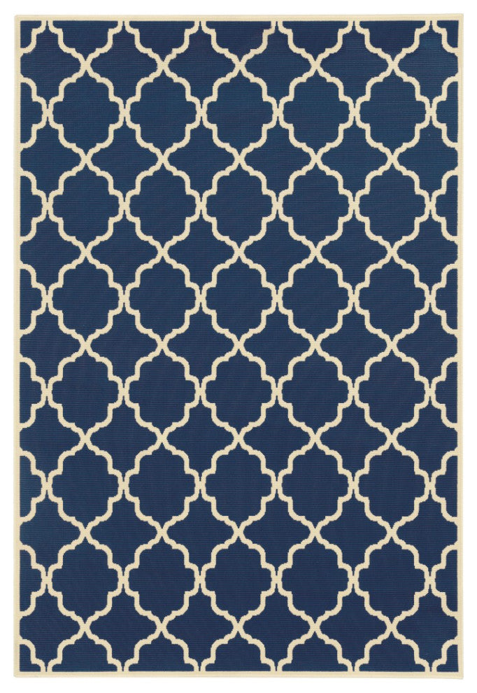 7??10??Blue And Ivory Trellis Indoor Outdoor Area Rug