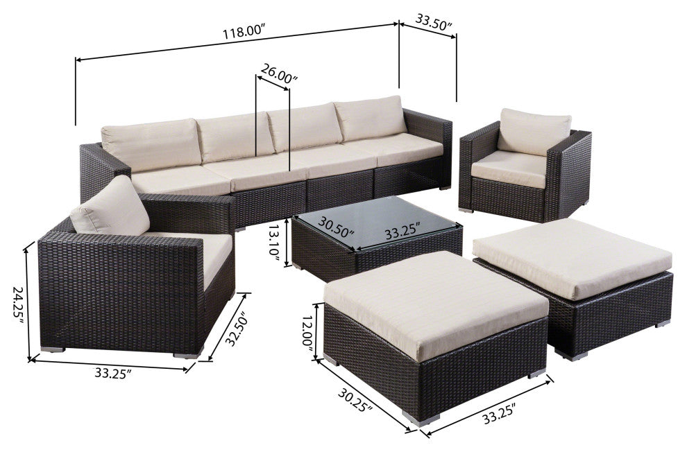 GDF Studio Cortez Sea Outdoor Wicker Furniture Sectional Sofa Set, Mul