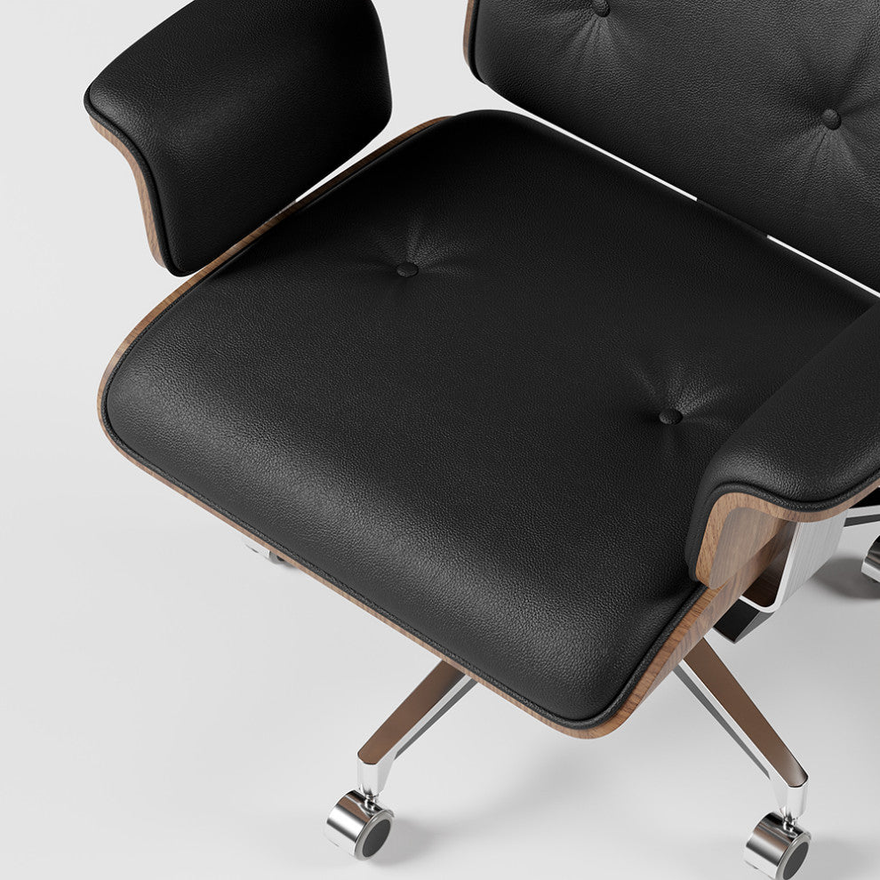 Black Home Office Chair Swivel Upholstered Wooden Desk Chair Adjustable Height, Black