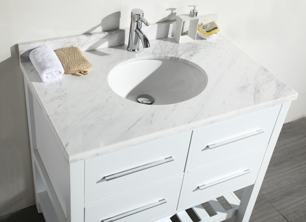 Eviva Natalie F 36 White Bathroom Vanity Carrera Marble Top and Porcelain Sink