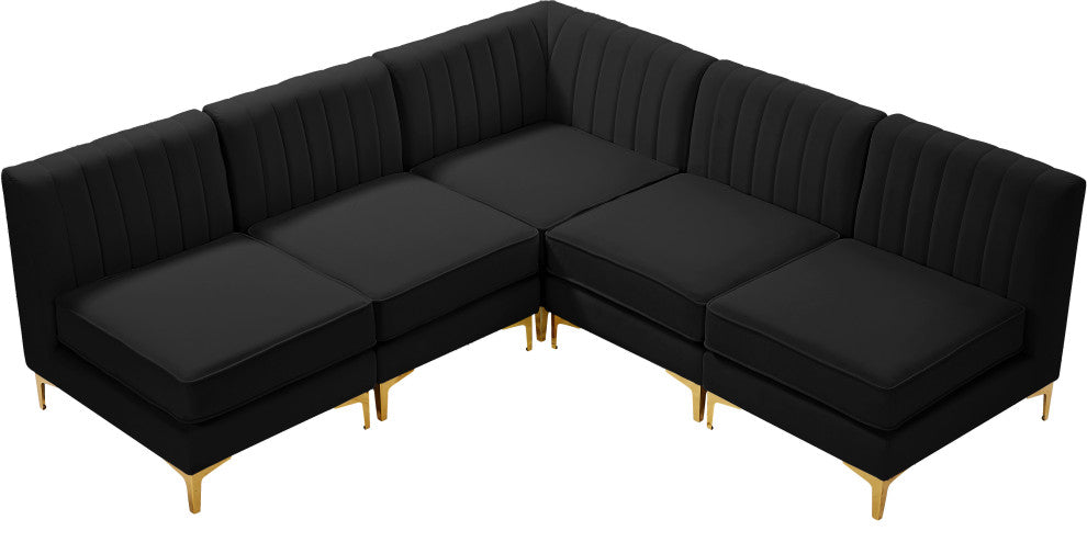 Alina Velvet Modular L-Shaped Modular Sectional, Black, 5-Piece: 4 Armless Chair, 1 Corner Chair