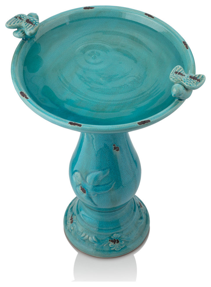 25" Tall Ceramic Antique Pedestal Birdbath with 2 Bird Figurines, Turquoise