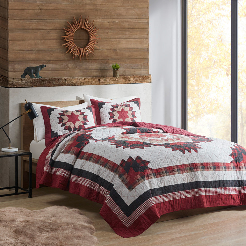 Woolrich Compass Cabin Style Cotton 3-Piece Quilt Set, Red