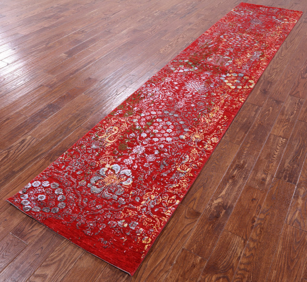 2' 7" X 12' 1" Runner Modern Handmade Wool and Silk Rug Q11819