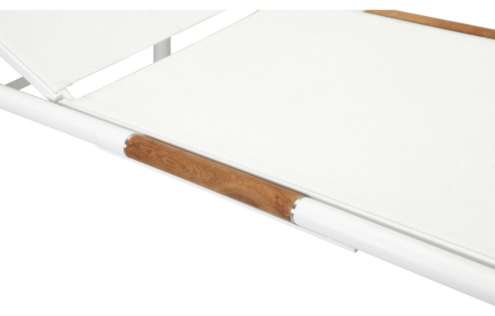 Benzara BM287797 Chaise Lounger, White Aluminum Frames, Teak Accent, 2-Piece Set