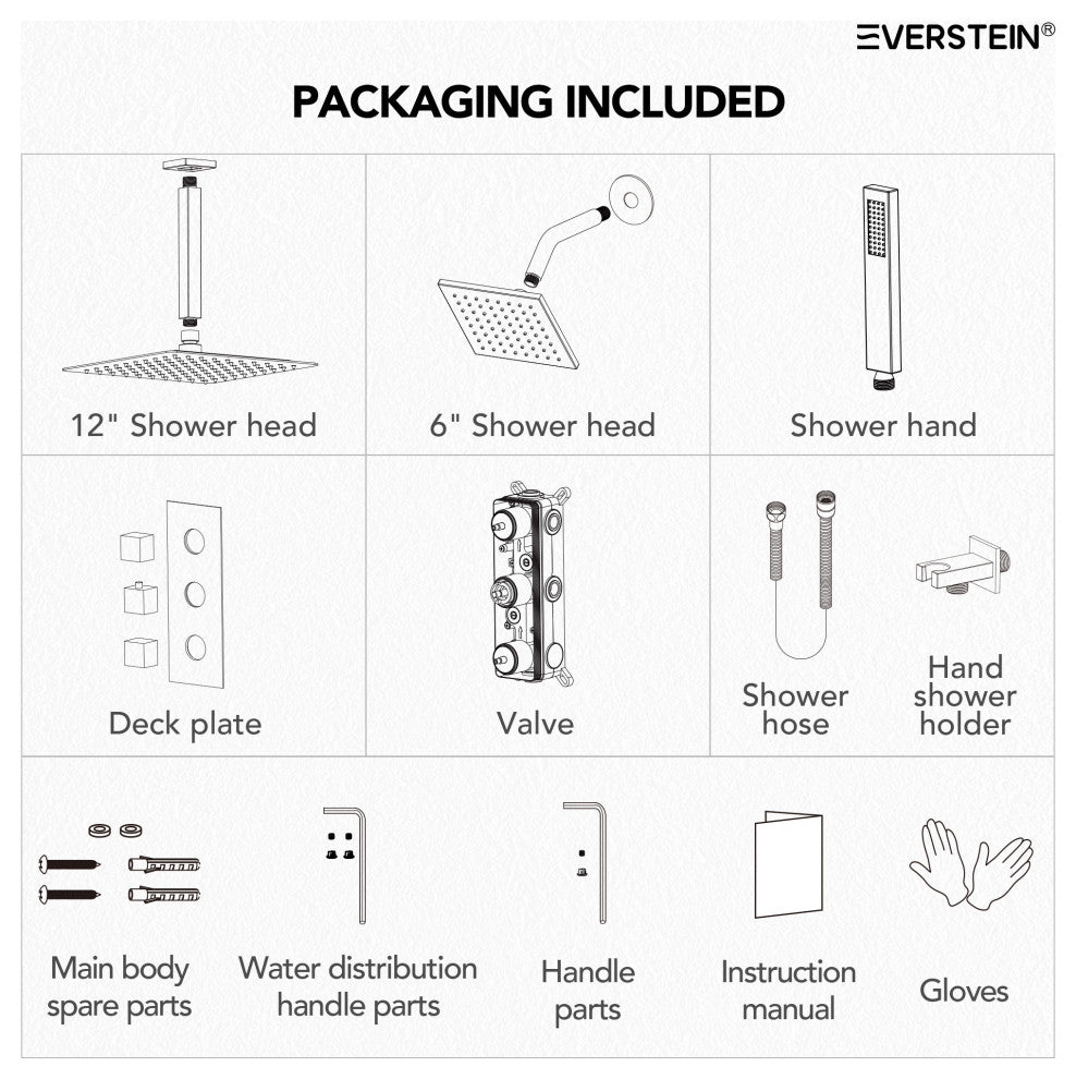 12" and 6" Dual Shower Heads With Themostatic Rough in-Valve, Brushed Nickel
