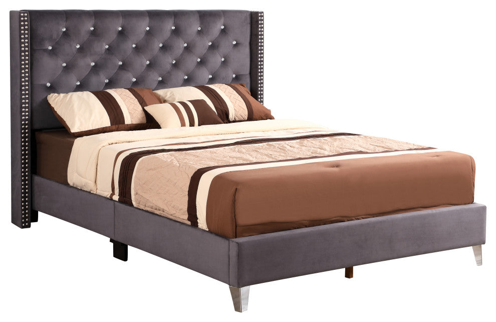 Chester Upholstered Velvet Bed, Gray, Queen