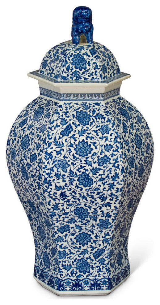 Floral Blue and White Oriental Ginger Jar with Foo Dog Motif Lid