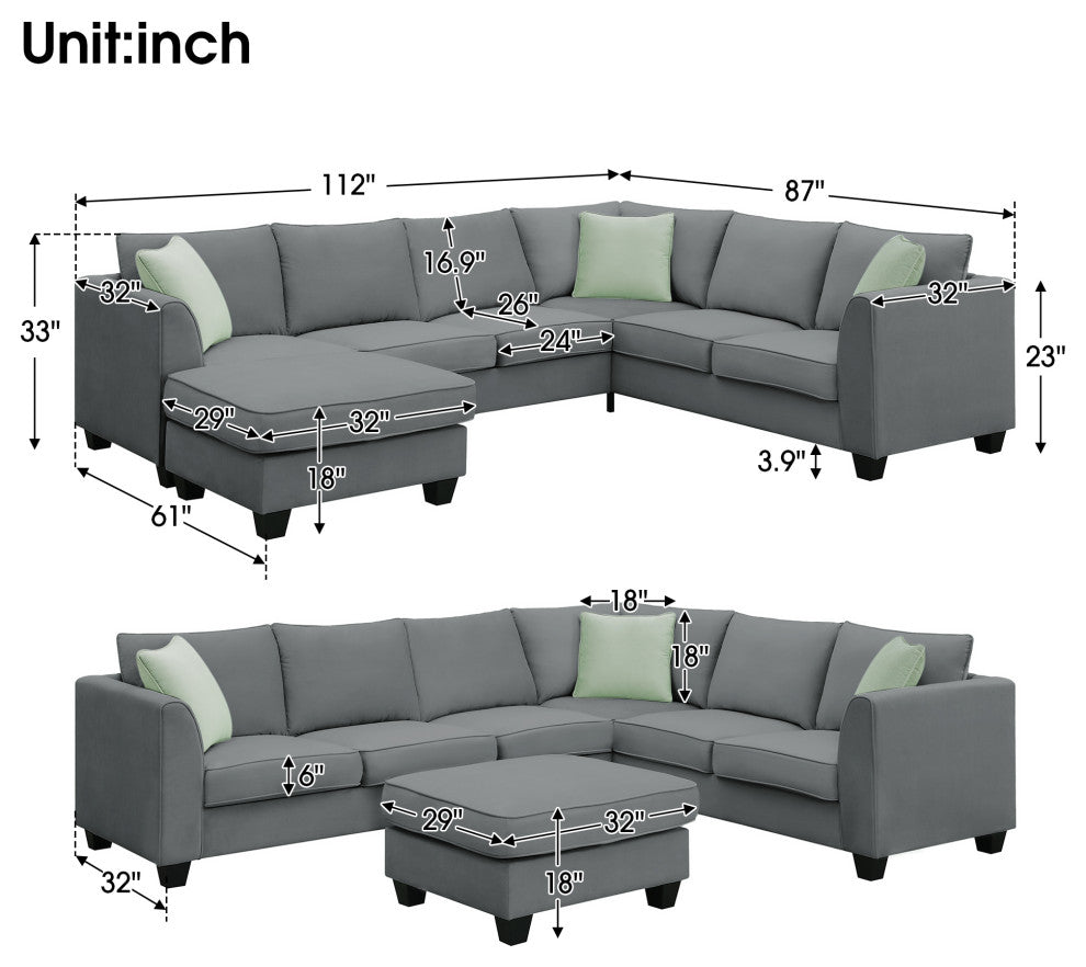 7-Seat Fabric Modular Sectional Sofa Couch Set with Ottoman and Pillows, Grey
