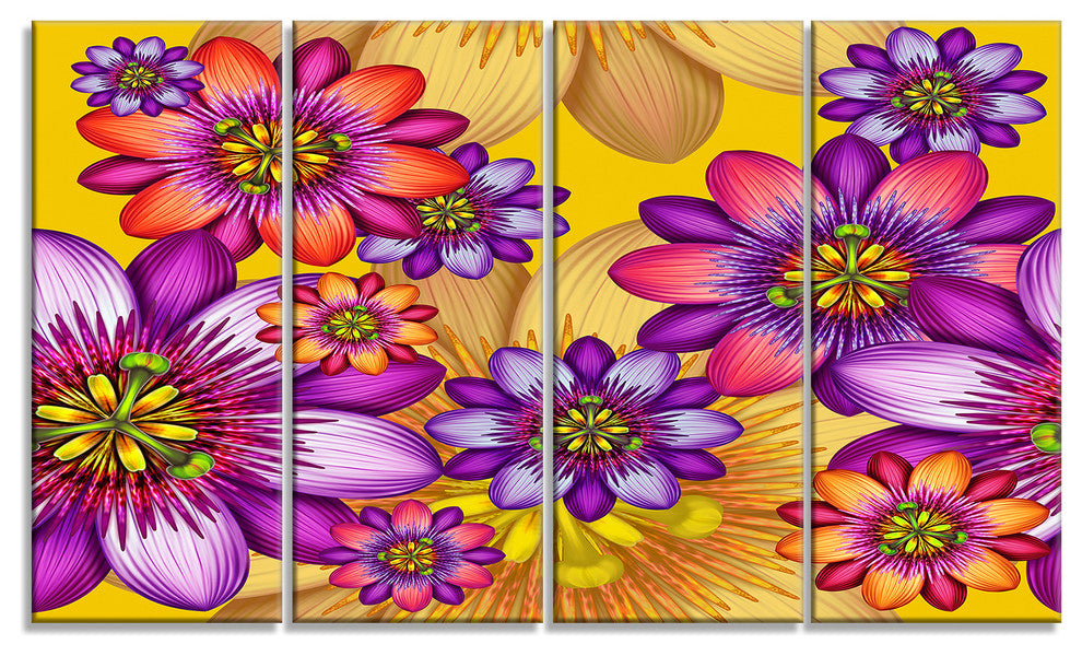 Passion Flowers Pattern, Floral Canvas Art Print, 48"x28", 4 Panels