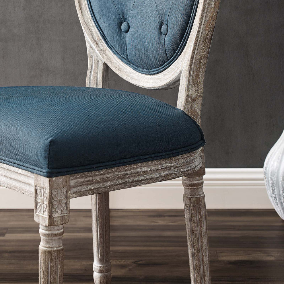 French Vintage Side Dining Chair, Fabric, Wood, Brown Natural Blue, Modern