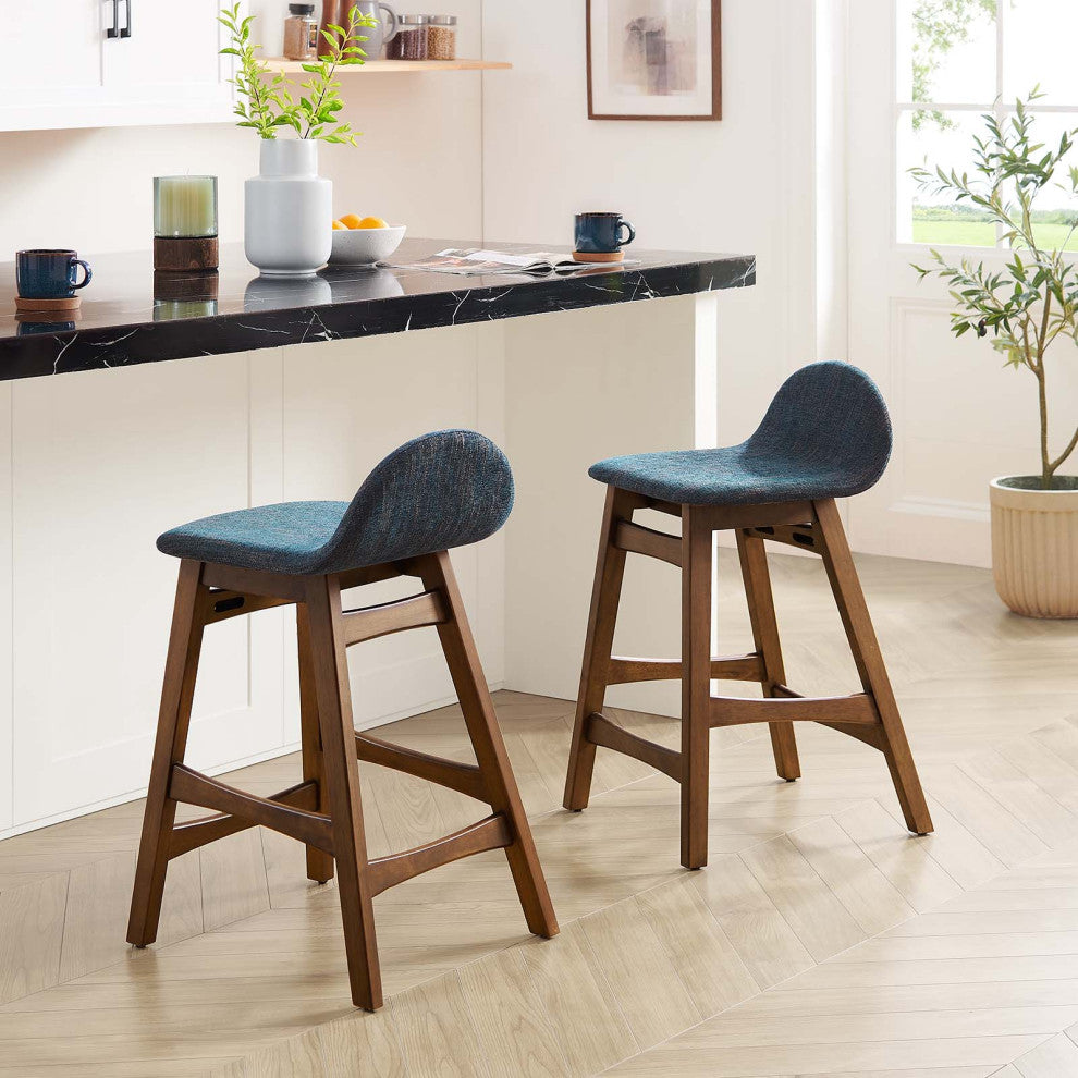 Juno Wood Counter Stool, Set of 2, Navy Fabric