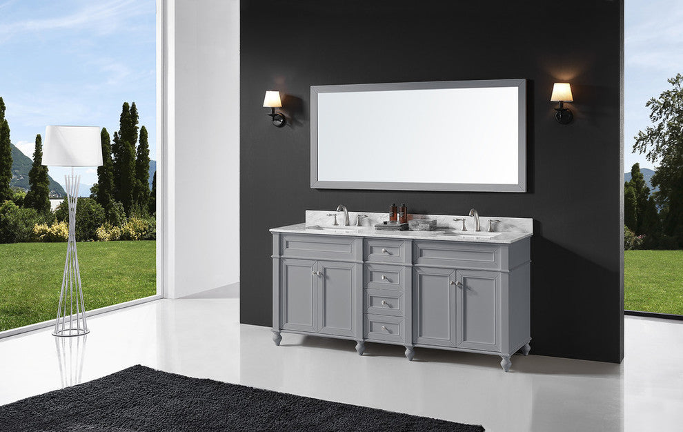 72" Double Bathroom Vanity, Taupe Gray with Carrara White Marble Top