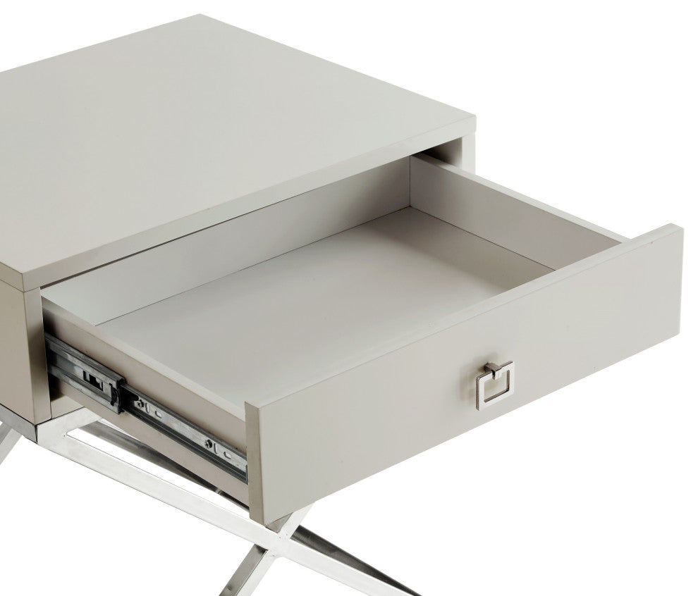 Katie Square Lacquer-Finish X-Metal Leg Nightstand, Light Grey Chrome