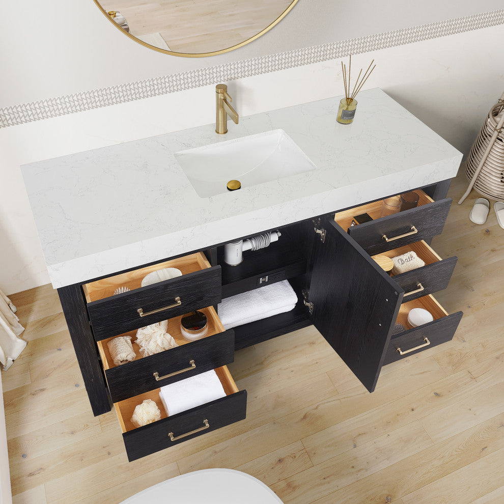 Leon Bath Vanity With Composite Stone Top, Fir Wood Black, 60"single Sink, No Mirror