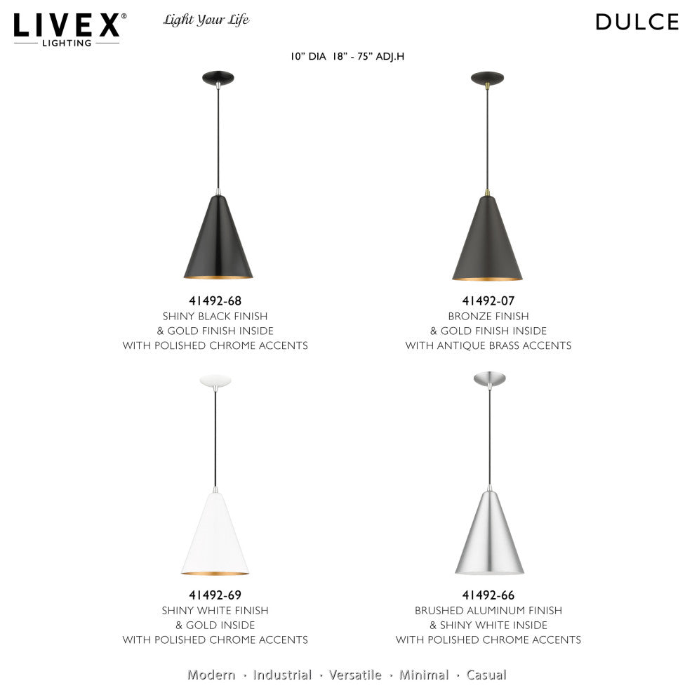 Dulce 1-Light Shiny Black Cone Pendant, Polished Chrome Accents