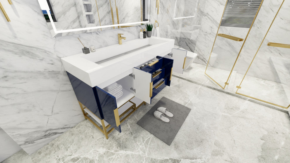 Madison 60" Free Standing Single Sink Vanity with Reinforced Acrylic Sink, High Gloss Blue