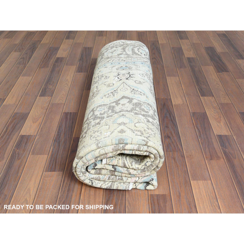 Ivory Hand Knotted Vintage Persian Kashan Worn Wool Oriental Rug 7'7" x 10'1"