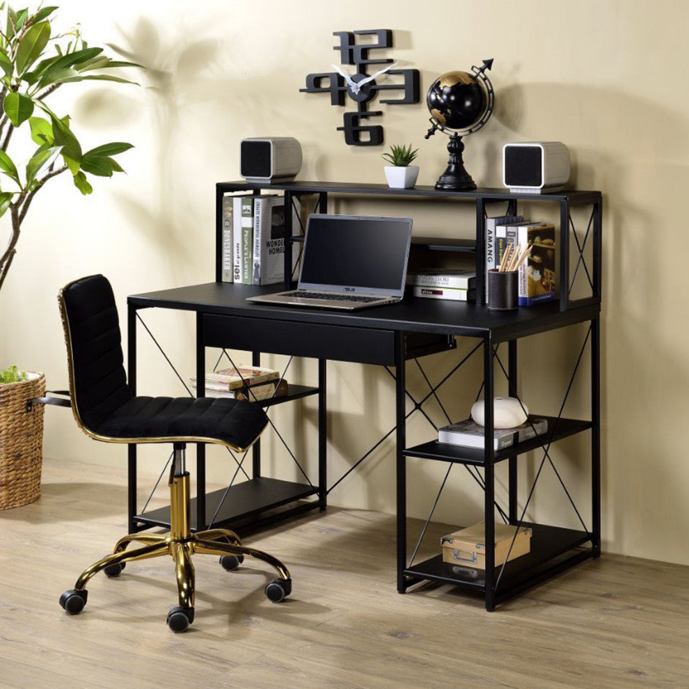 Wooden Writing Desk With Open Shelves, Black
