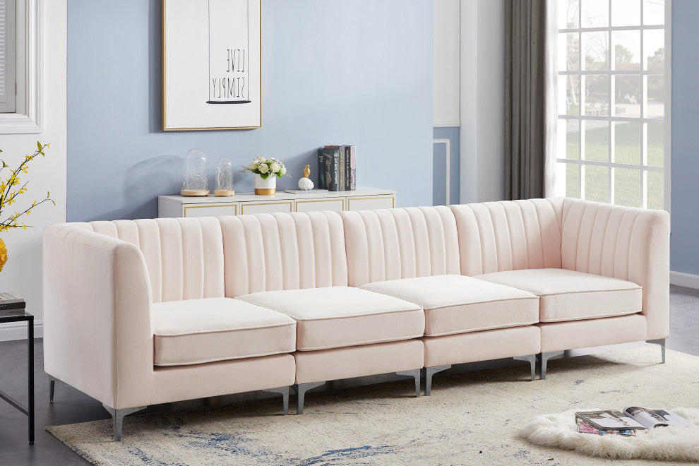 Alina Velvet Upholstered 4-Piece Modular Sectional, Pink