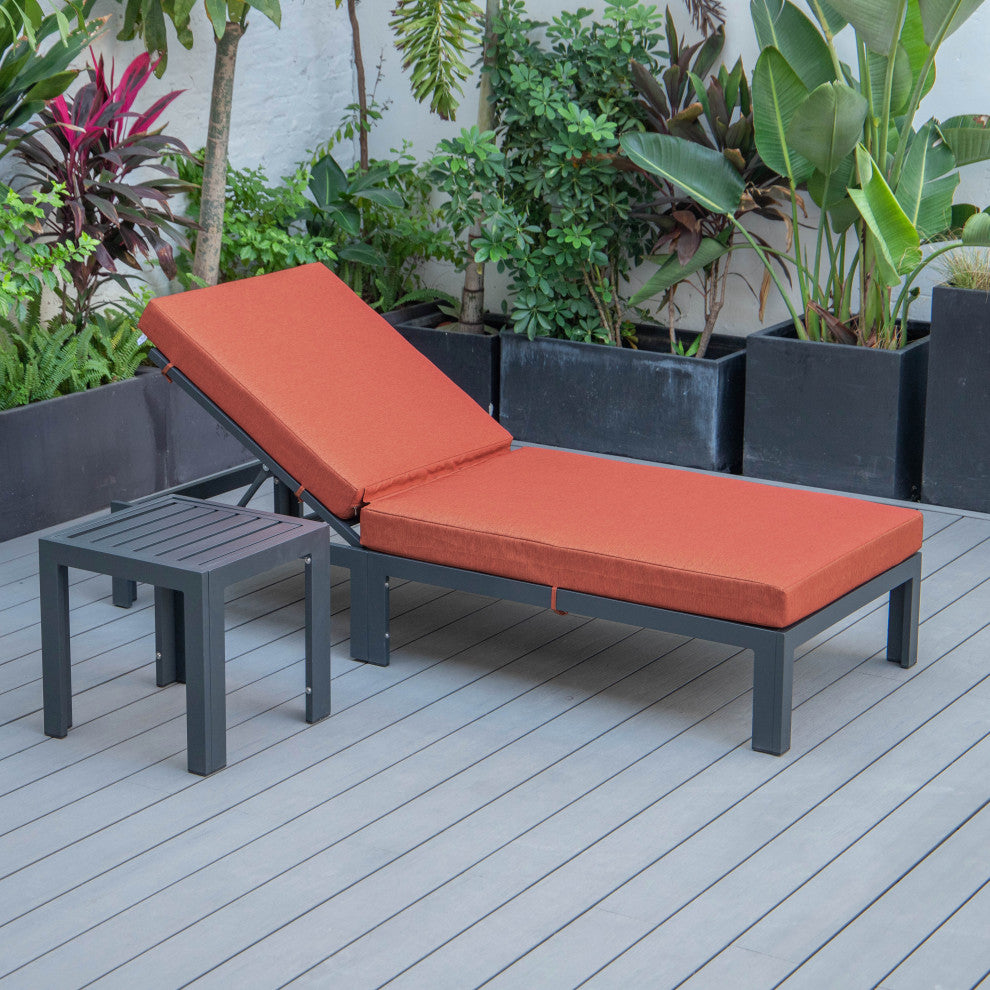 LeisureMod Chelsea Chaise Lounge Chair With Cushions & Side Table, Orange