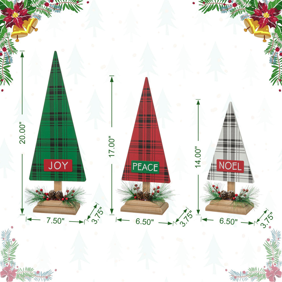 3-Piece Set Wooden Christmas Plaid Table Tree