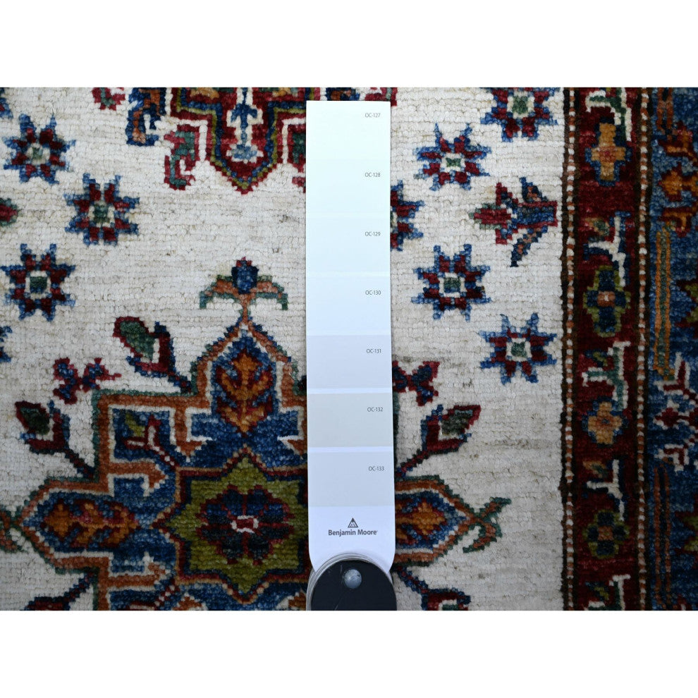 Ivory Hand Knotted Afghan Super Kazak Vibrant Wool Runner Rug 2'7"x12'10"