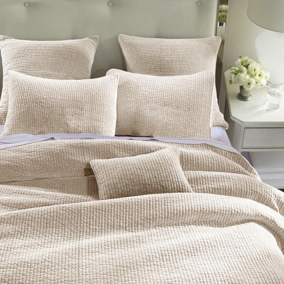 Stonewashed Cotton Velvet Quilt Set, King, Light Tan, 3 Piece