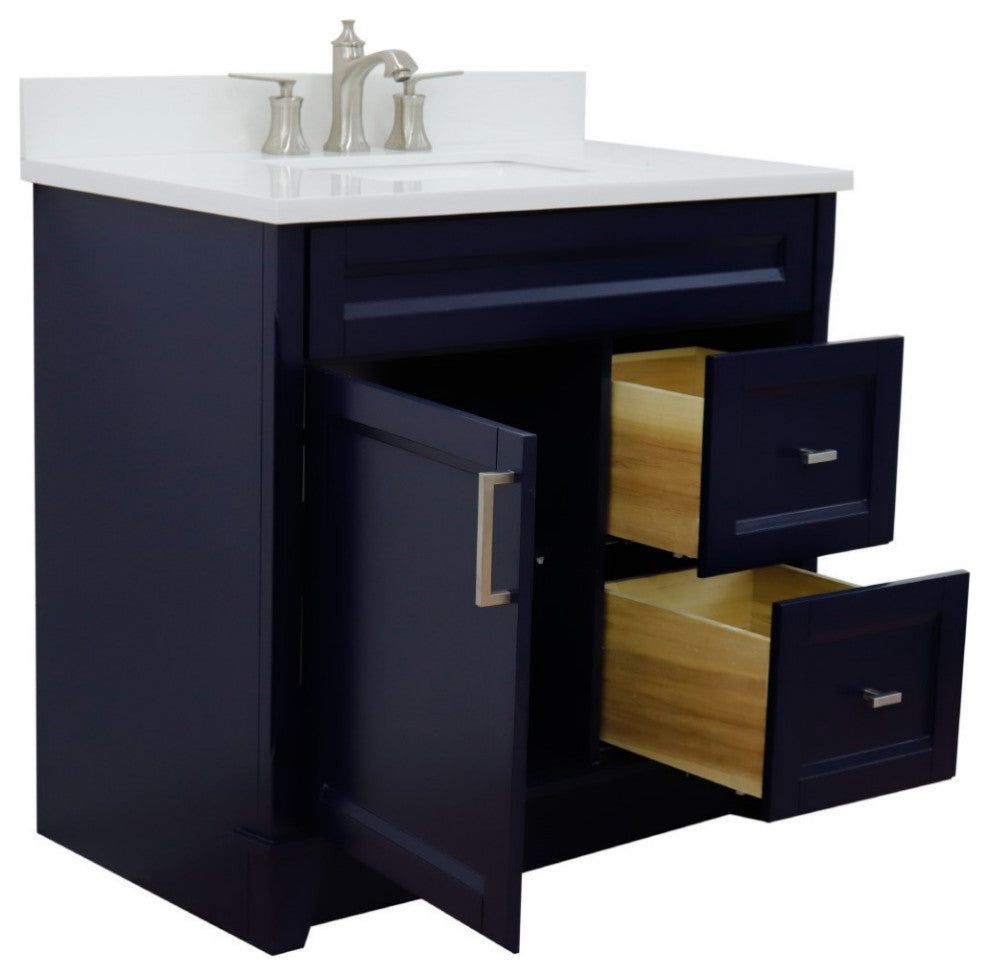 37" Single Sink Vanity, Blue Finish With White Engineered Stone Top