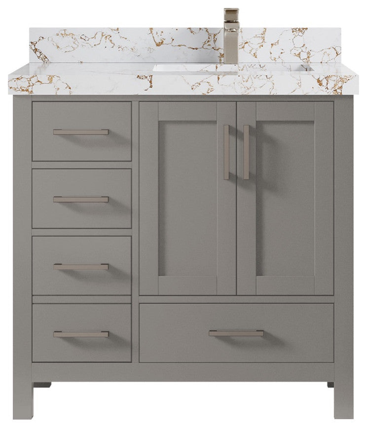 Malibu 36 Right Offset Bath Vanity in Elephant Skin Gray 2" Viola Gold