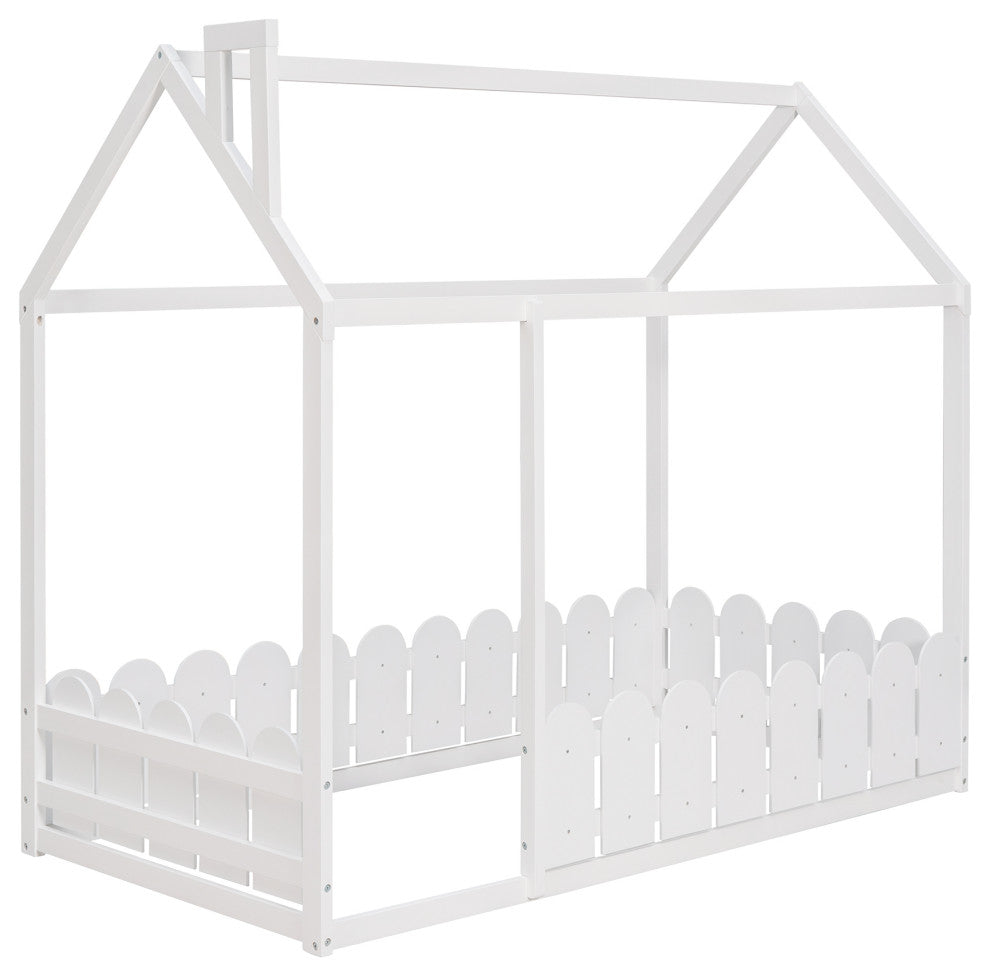 Gewnee Twin Size Wood Bed House Bed Frame with Fence, for Kids, In White